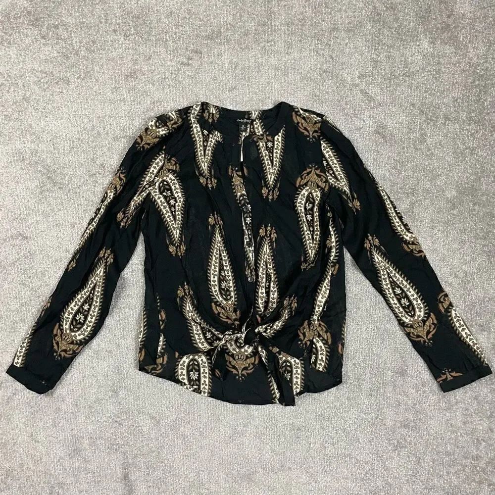 Lucky Brand Long Sleeve Tie Front Boho Paisley Black Blouse Top Brand New NWT S